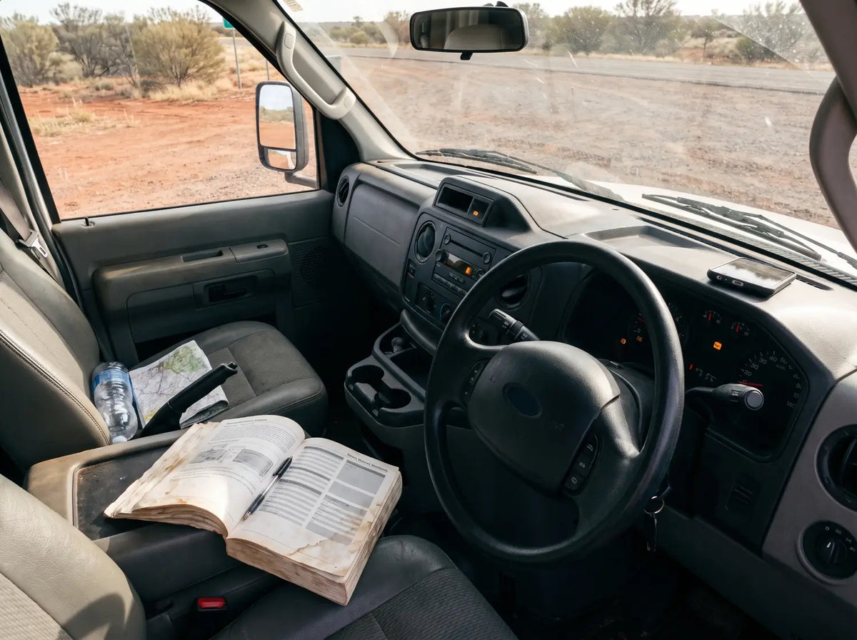 A motorhome owner reading the vehicle handbook